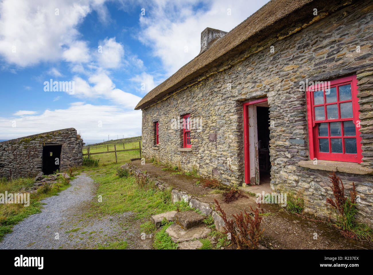 Slea Head Hungersnot Cottages in Irland Stockfoto