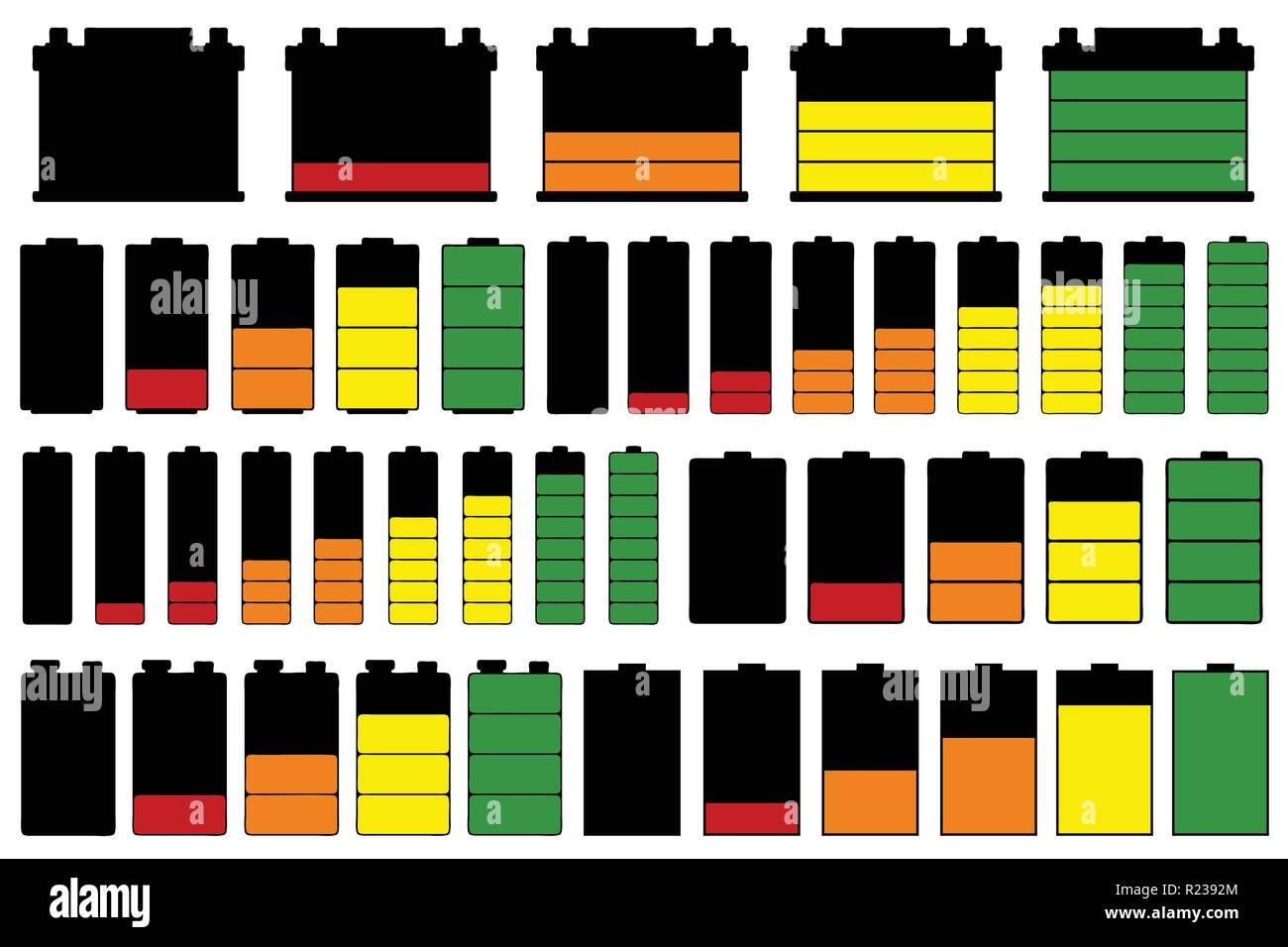 Satz von verschiedenen Batterien isoliert auf weißem Stock Vektor