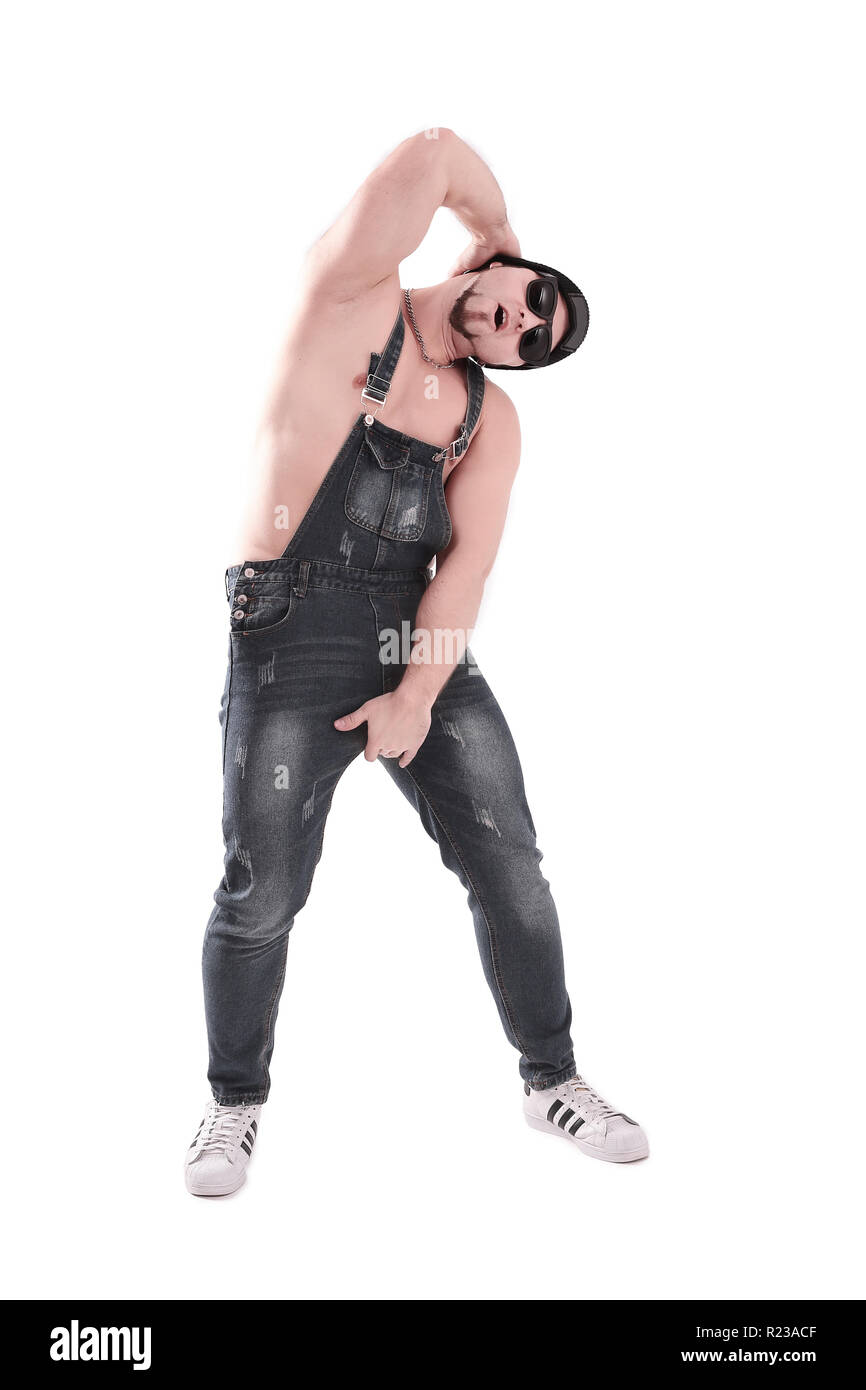 Netter Mann tanzen Breakdance im Studio. isoliert auf weißem Stockfoto