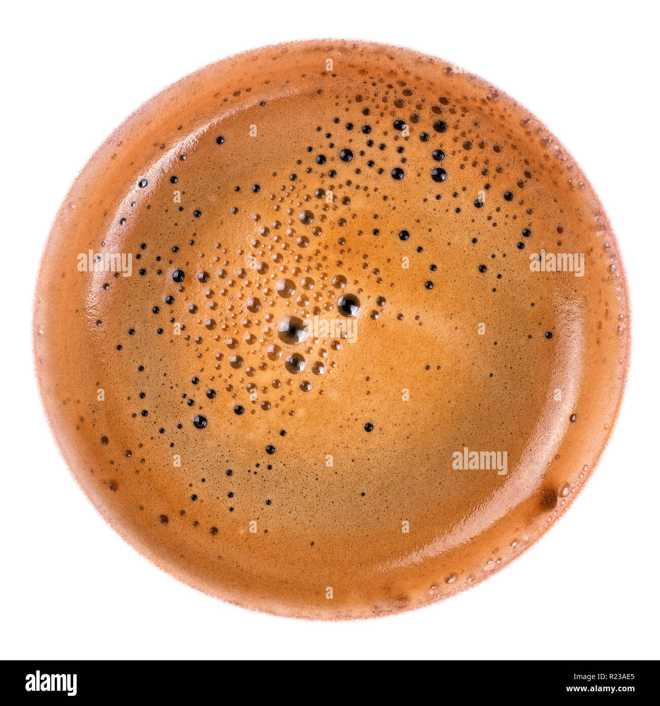 Runde Kaffee Schaumstoff isoliert Ansicht von oben. Makro Textur und Hintergrund Stockfoto