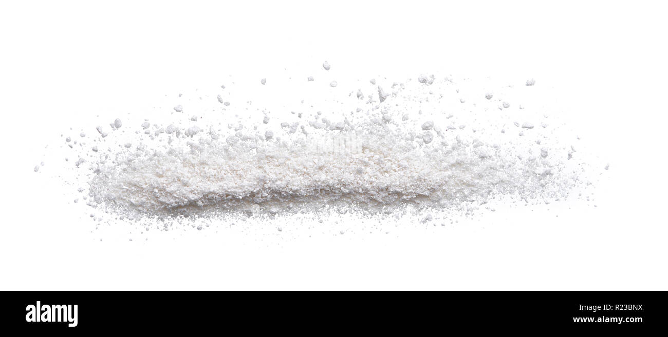Textur von Broken Pearl White Eye Shadow auf weißem Hintergrund. Makro Textur von gebrochen weißes Pulver Stockfoto