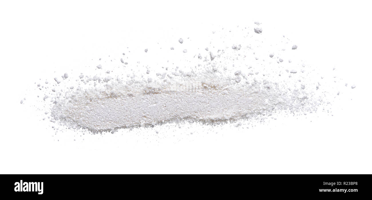 Textur von Broken Pearl White Eye Shadow auf weißem Hintergrund. Makro Textur von gebrochen weißes Pulver Stockfoto