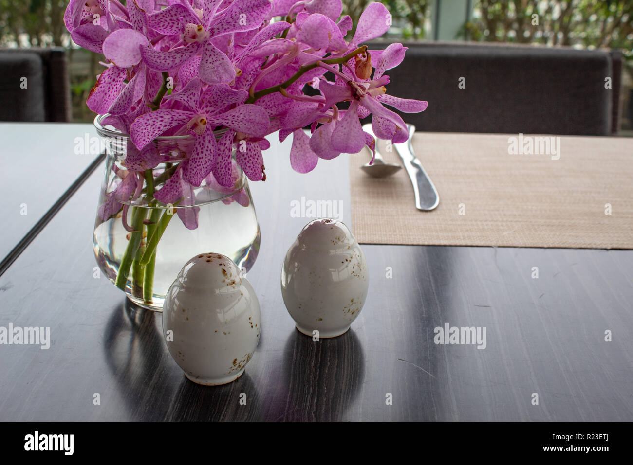 Salz- und Pfefferstreuer vor wunderschöne Orchideen Stockfoto