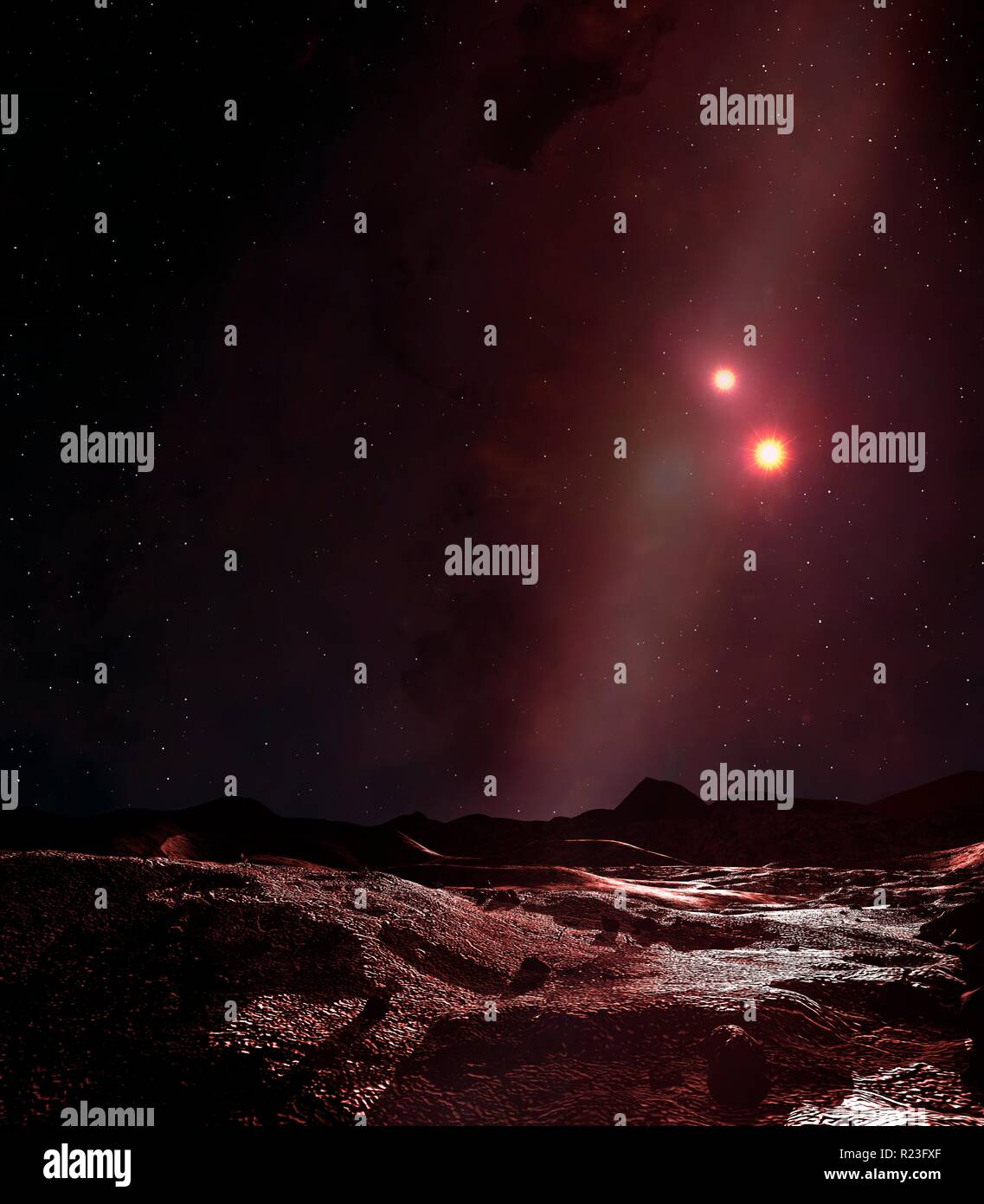 Abbildung: circumbinary Planeten. Dies ist ein Planet im Orbit um nicht nur einen, sondern zwei Sternen, umkreist das Zentrum der Masse. Beispiele für solche Planeten gehören PSR B 1620-26, HD 202206, HW Virginis, Kepler-16 und Kepler-453. Stockfoto