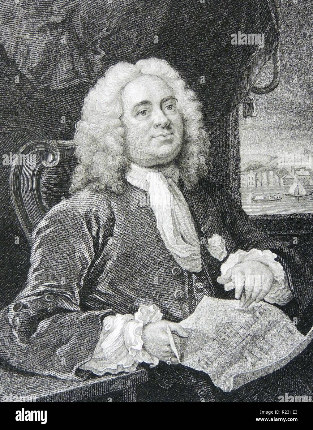 Daniel Schloss (1681-1754) Englisch archtect der Foundling Hospital, London. Gründer des Schlosses Krankenhaus, die Pläne, die er hält. Gravur Stockfoto