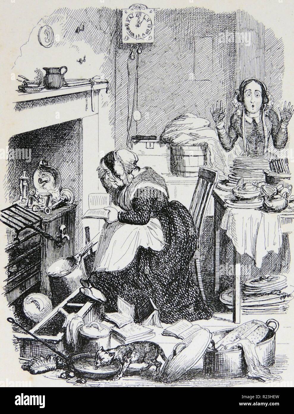 Problem mit Diener - Hausfrau findet ihr Kochen - Allgemeine in einer romantischen Roman vertieft, während die Küche im Chaos ist. Abbildung von George Cruikshank (1792-1878. Stockfoto