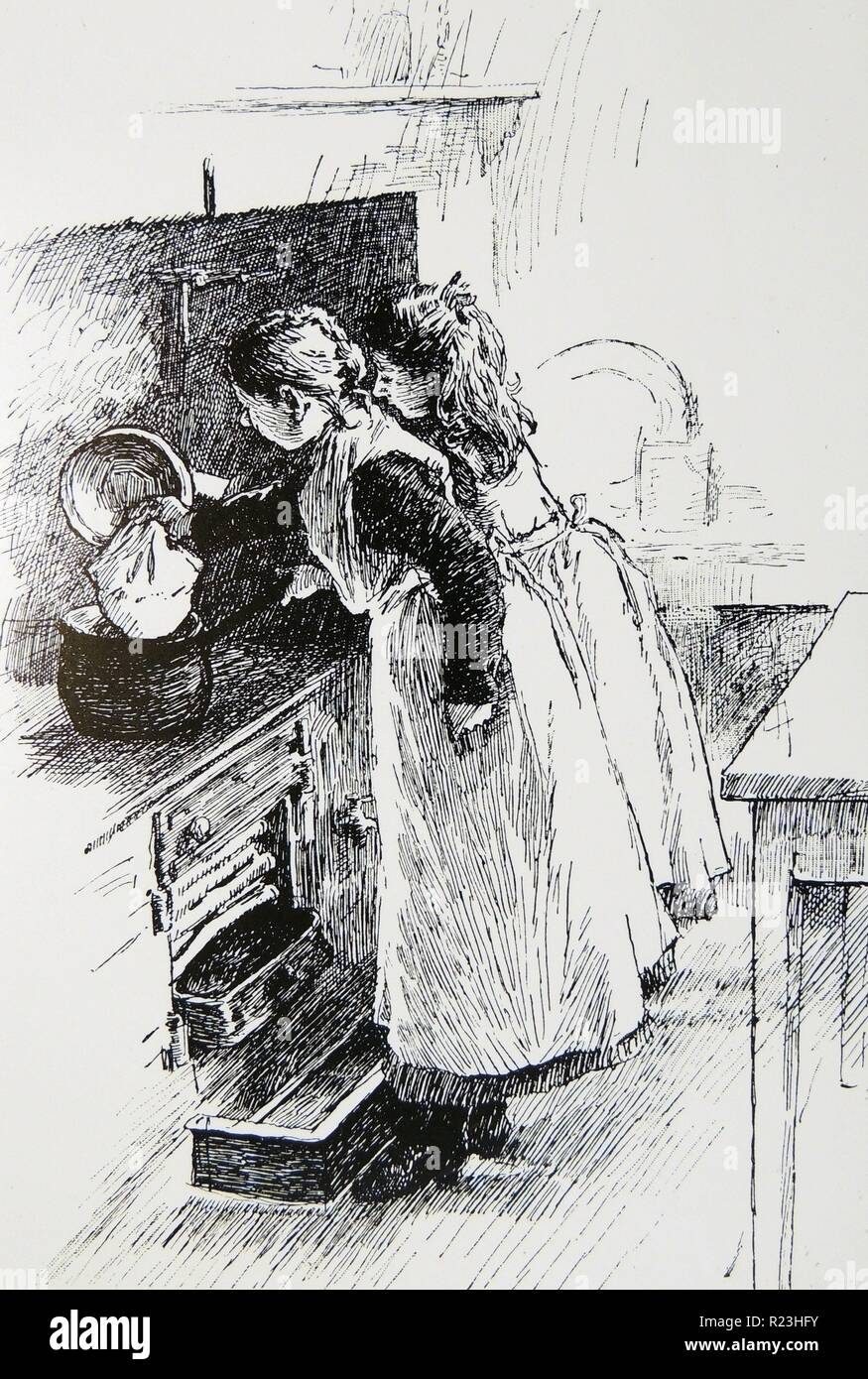 Mädchen an einem London Board Schule einen Pudding zu kochen während Ihrer praktischen Kochkurs. Kupferstich, London, 1891. Stockfoto