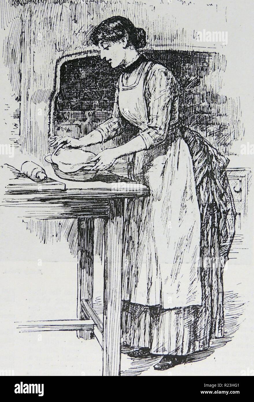 Hausfrau, trägt eine Schürze zum Schutz ihres Kleides, eine Torte Teig Belag aufsetzen. Gravur, London, 1887. Stockfoto