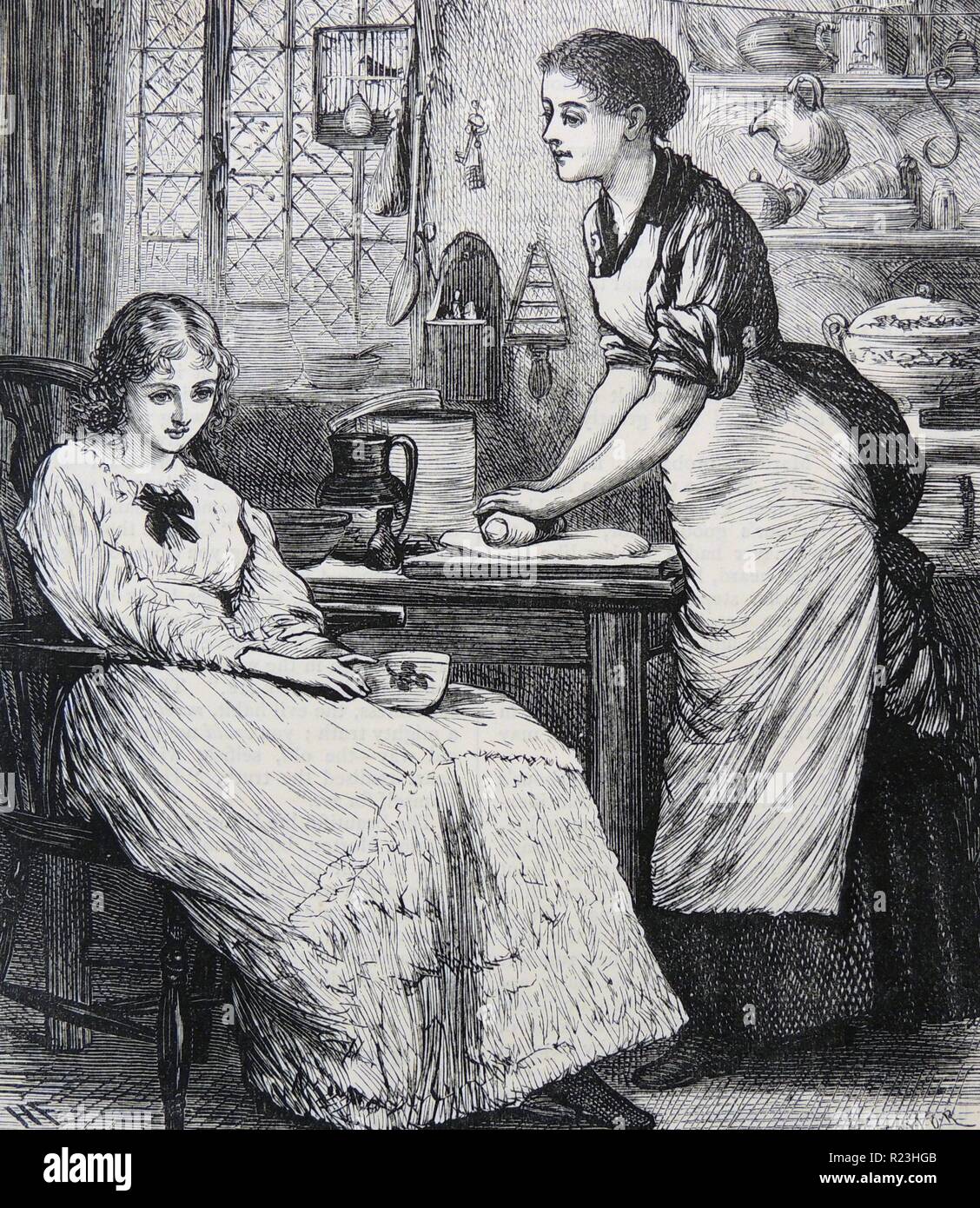 Küche Szene mit hausfrau heraus rollen Gebäck auf tablewile sprechen zu kränklich aussehende Mädchen in einem Windsor Stuhl sitzt. Kupferstich, London, 1886. Stockfoto