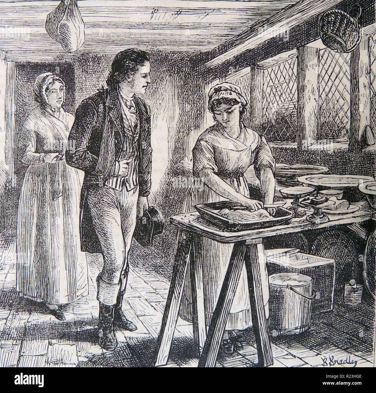 Hetty Sorrel, arbeiten in der Molkerei, besucht von Kapitän Donnitorne, ihr Verführer, während hier Tante, Frau Poyser an schaut. Abbildung von Basil Bradley (1842-1904) für ''Adam Bede'', George Eliot (Mary Ann Evans) erster Roman, erschienen 1859. Stockfoto