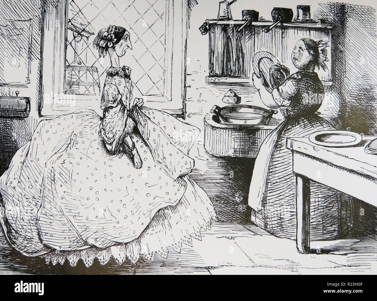 Der Knecht Problem: Hausfrau besucht die Küche zu ihr 'Guten Plain Cook'über Raupen in Gemüse zu beschweren. Koch hat eine freche Antwort für alles. Cartoon von ''Punch'', London, 1860. Stockfoto