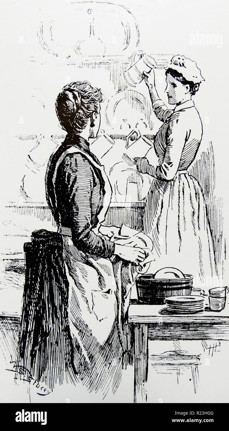 Hausfrau helfen bei der Reinigung der Gerichte, während sie ihre Magd das Geschirr weg setzt. Kupferstich, London, 1890. Stockfoto