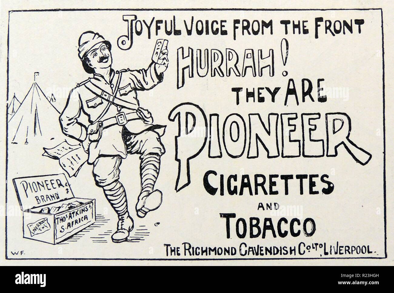 Werbung, die ein britischer Soldat in Südafrika im Burenkrieg erfreut, eine Packung Zigaretten 'Pionier' zu erhalten. Kupferstich, London, 1900. Stockfoto