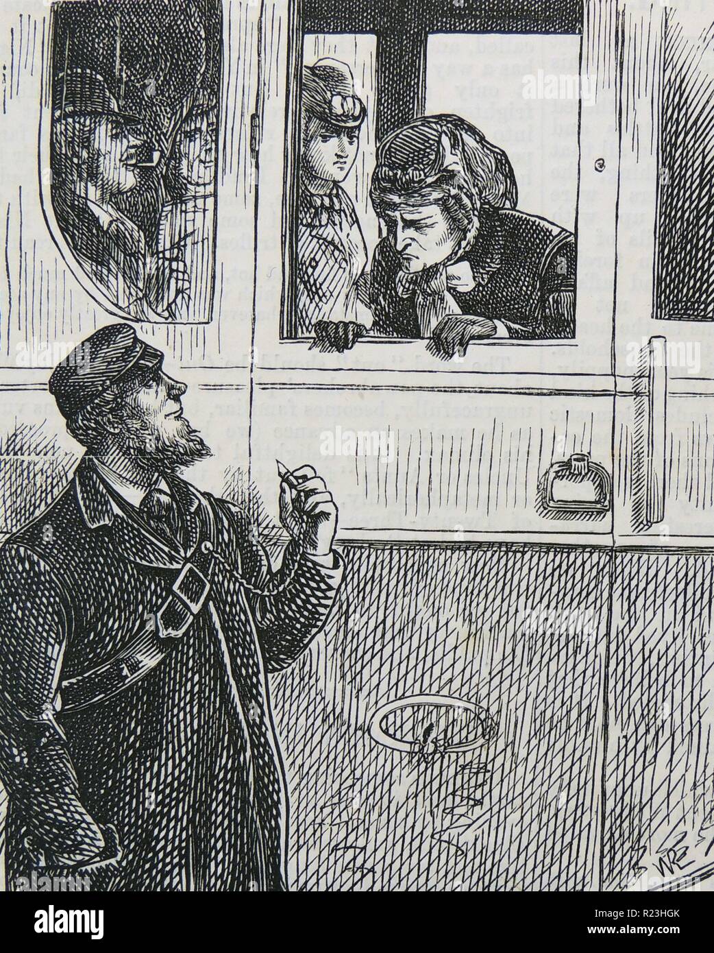 Frau gegen das Rauchen in ihren Bahn Fahrgastraum empfangen eine unbefriedigende Antwort von der Wache über seine Pfeife in die Luft zu sprengen. Cartoon von ''Punch'', London, 1871. Stockfoto