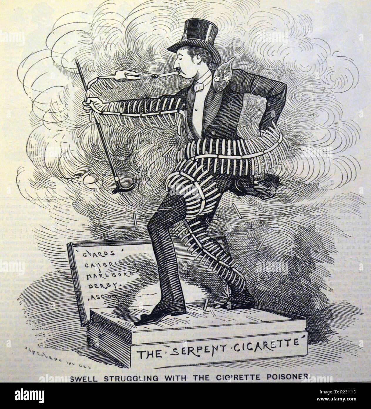 Die Schlange Zigarette wickeln sich um die Opfer. Anti-Rauchen Cartoon von Edward Linley Sambourne von ''Punch'', London, 1882. Stockfoto