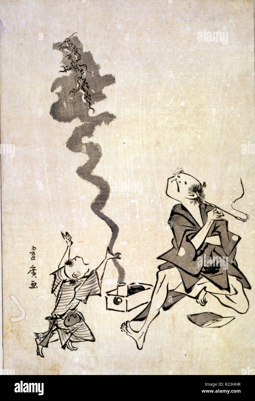 Tobae mitate ryugen sennin - Toba - e Korrespondenz einer Chinesischen sage. Drucken zeigt einen Mann Rauchen einer Zigarette in einem langen Halter, und ein Drache aufsteigend in einer Wolke von Rauch aus einer Box auf dem Boden neben ihm; ein Kind Gesten gegenüber den Drachen. Stockfoto