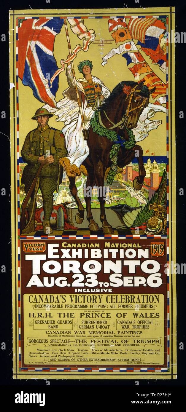 Werbung für die kanadische nationale Ausstellung, Toronto. Plakat zeigt eine Frau, die in Kanada, auf einem Pferd, mit denen die britische Flagge; neben ihr steht ein kanadischer Soldat und Overhead ist ein Flugzeug; im Hintergrund, das Messegelände. Verschiedene andere Krieg - verwandte Elemente dargestellt. Stockfoto