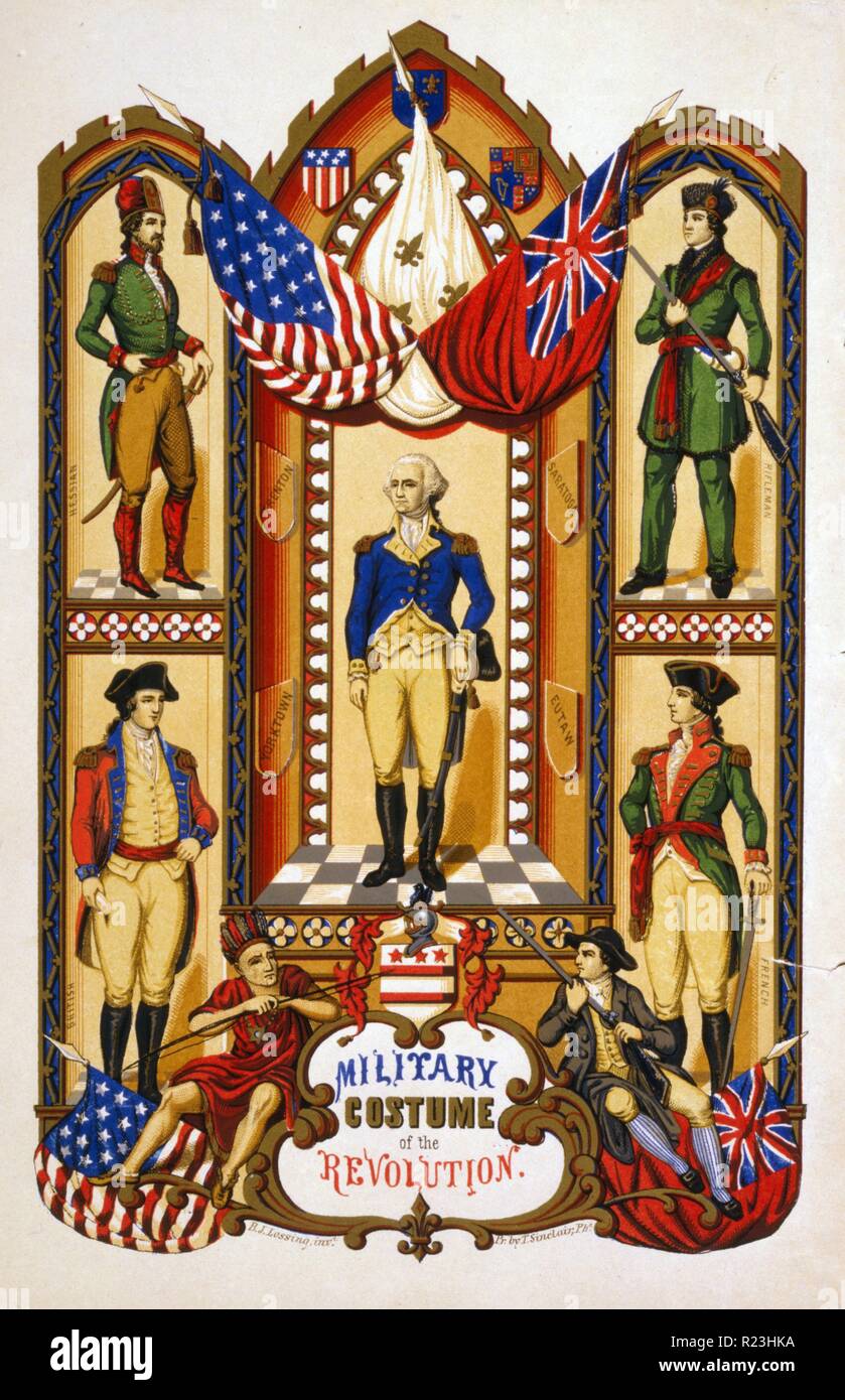 Militär Kostüm der Revolution. George Washington, von vier Soldaten in Hessischen, britischen und französischen Uniformen; ein Mann mit einem Gewehr; Eine Native American Holding einen Bogen, und dem amerikanischen und britischen Flaggen. Stockfoto