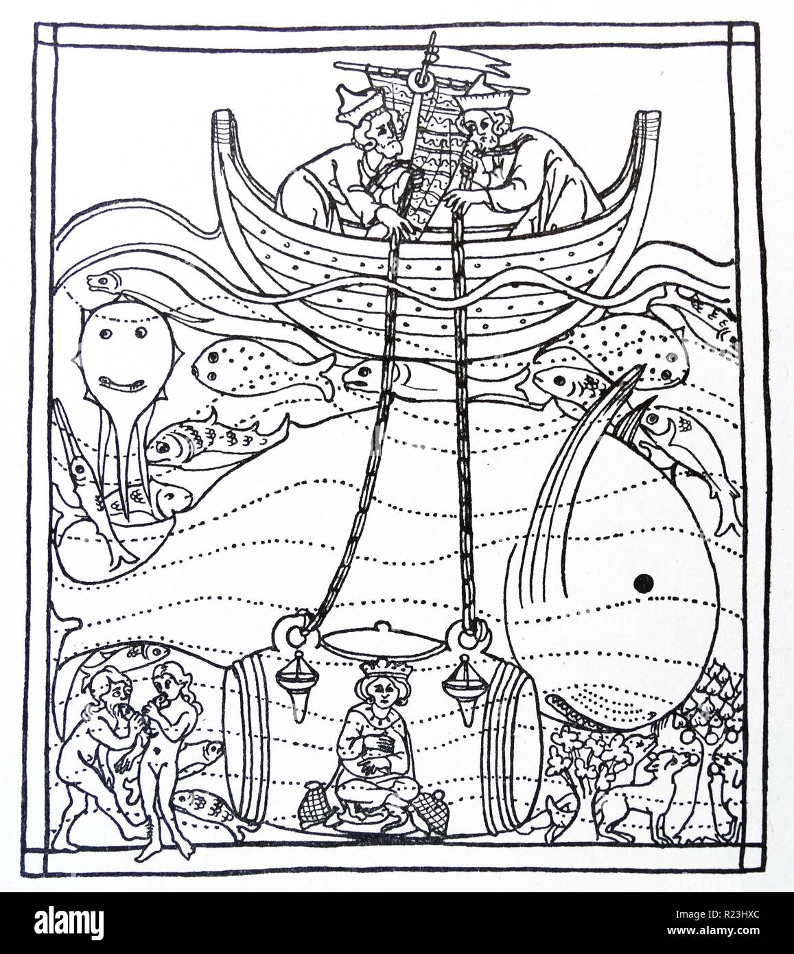 Mittelalterliche Zeichnung von Alexander dem Großen absteigend auf den Grund des Meeres in einem Glas Zylinder die Fische zu studieren. Vom 12. Jahrhundert Stockfoto