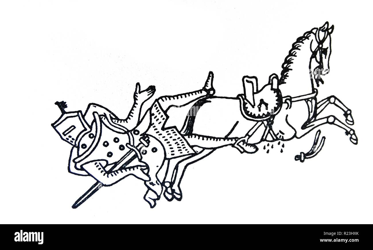 Zeichnung von Gilbert Marshall vom Pferd geworfen wird, wenn die Zügel in die Hand brach. Seinen Fuß in den Steigbügel verfangen und er wurde zu Tode geschleift. Von Matthew Paris gezogen. Vom 13. Jahrhundert Stockfoto