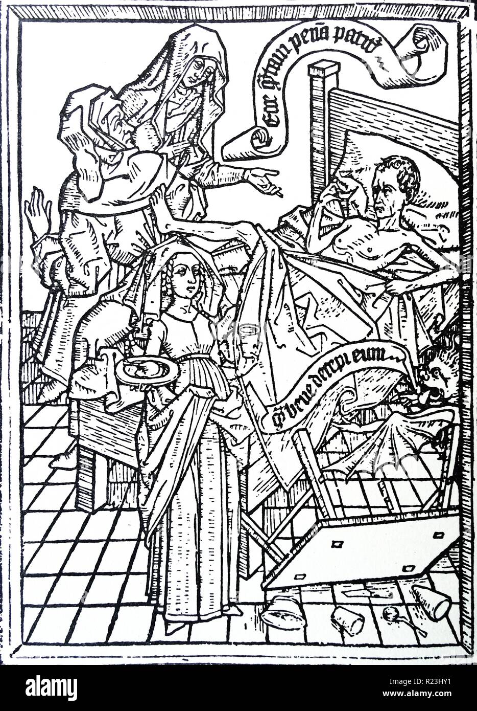 Aus einem Block Platte - Buch illustriert die Sünde der Ungeduld (die Torheit des Menschen). Die Sterbenden, von einem Teufel versucht, hat die Tabelle umgeworfen und ist sein Arzt treten. Vom 15. Jahrhundert Stockfoto