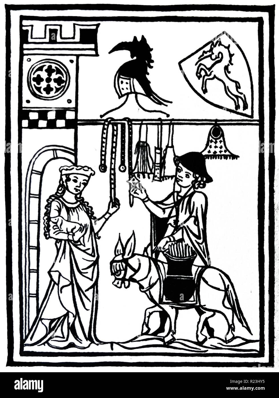 Holzschnitt eines Reisenden Hausierer seine Waren anzeigen an die Frau des Schlosses. Sie ist ein kleiner Hund dargestellt, während Sie die Ware tragen. Vom 14. Jahrhundert Stockfoto