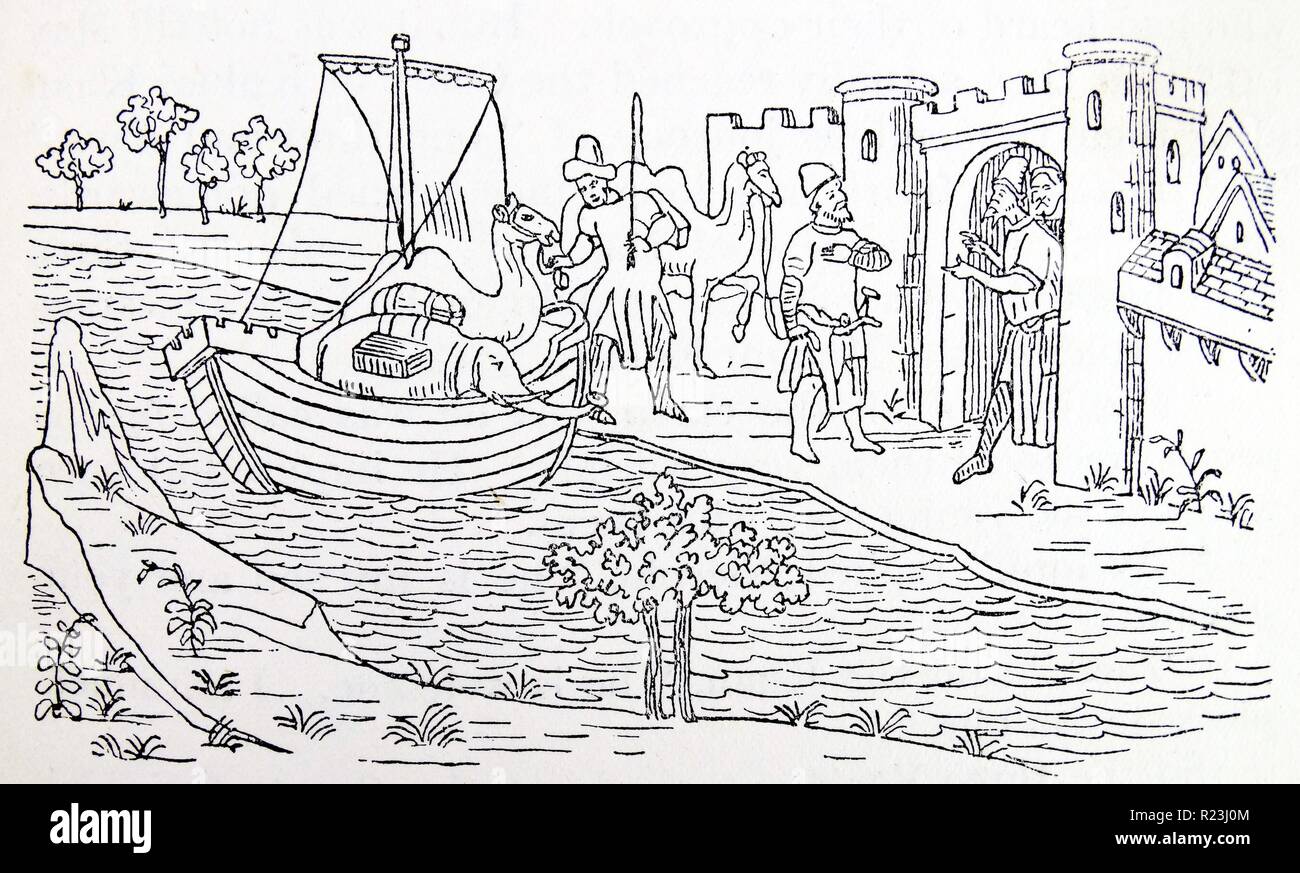 Marco Polo Ormuz landet. Von einer Miniatur im Livre des Merveilles. Das Königreich von ormus (Hormuz) war ein 10. und 17. Jahrhundert Königreich im Persischen Golf Stockfoto
