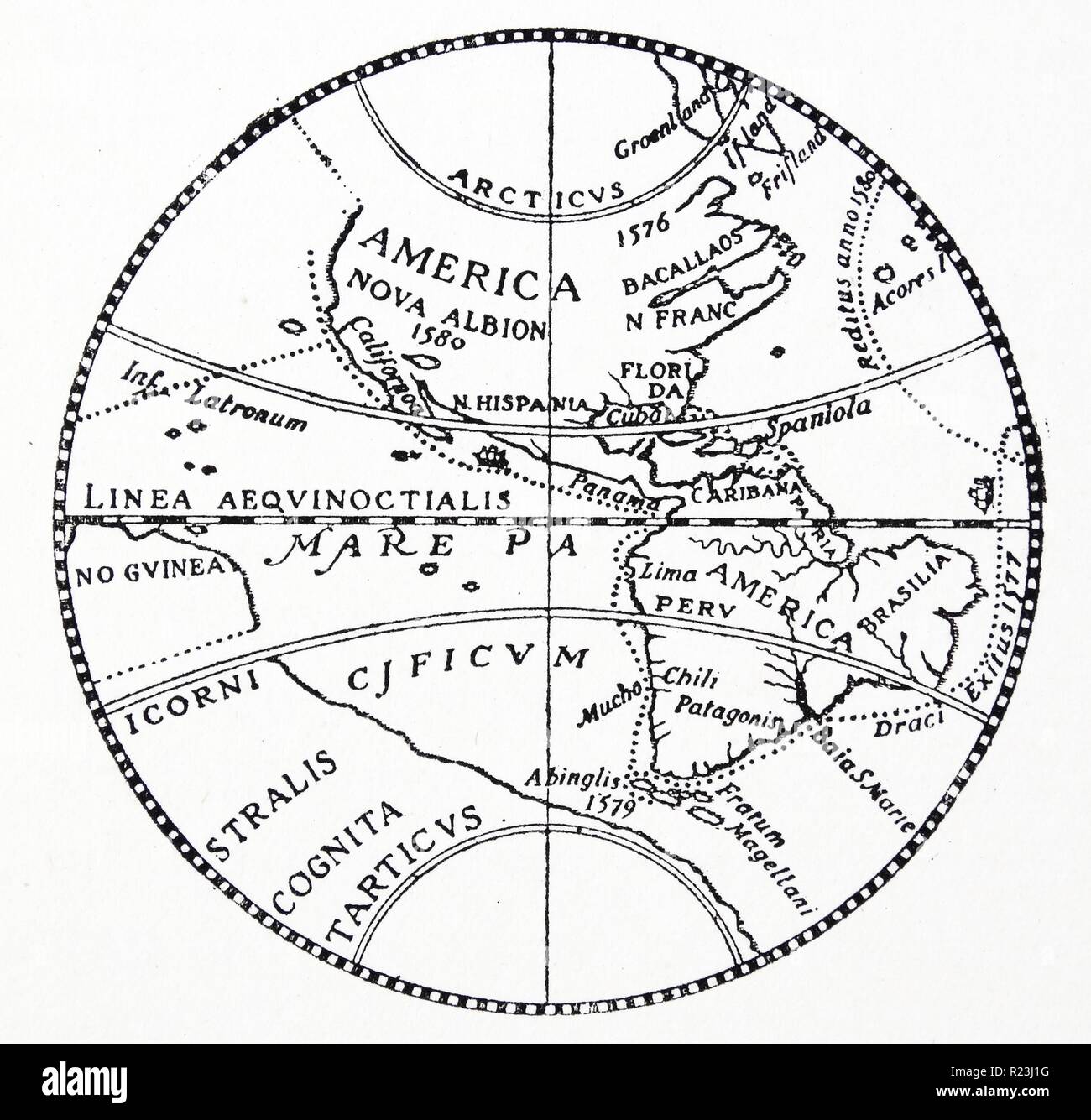 Die Silberne Karte der Welt. Von einem Medaillon im Jahre 1581, in dem die Linie von Drakes Reise nach England im Jahre 1577 nach Westen angeschlagen durch die Magellanstraße nach Kalifornien und New Albion. Stockfoto