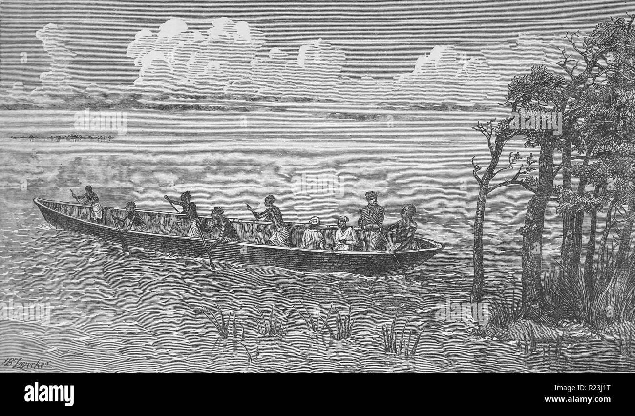 Die Entdeckung der See Bangweolo, David Livingstone (1813-1873) auf den See mit seinen Männern. Im Explorer 1868 und Missionar David Livingstone war der erste Europäer, der den See am nördlichen Ende des Sees Chifunabuli Abschnitt zu sehen Stockfoto