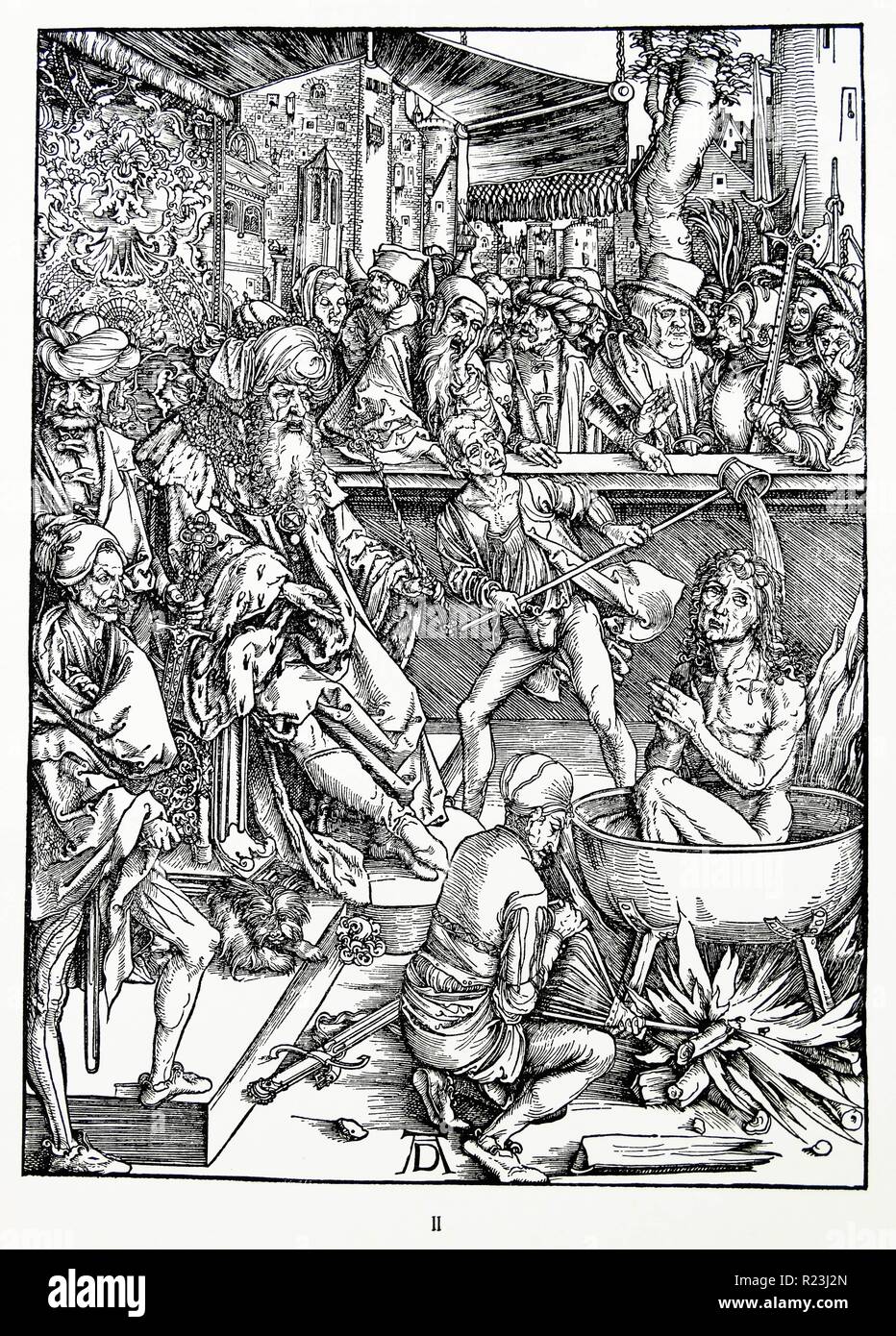 Martin Luther: Vorwort zu der Offenbarung des Johannes (1522): Vorrede zur Offenbarung Johannes (1522). Apokalypse in Zahlen; Holzschnitt von Albrecht Dürer; das Martyrium des Hl. Johannes Stockfoto