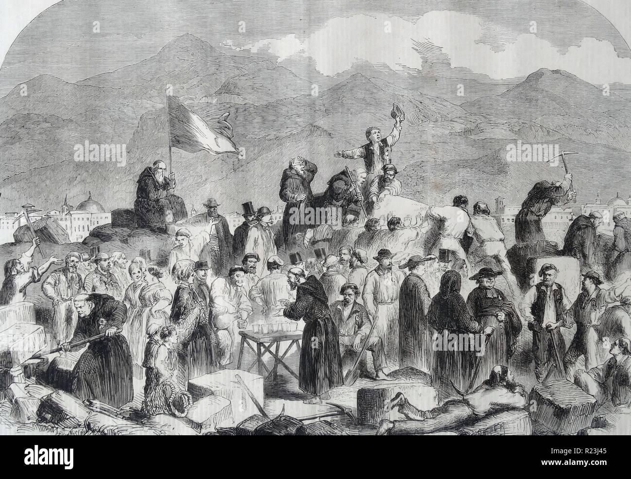 Die Revolution in Sizilien. Die Sizilianer den Abriss Fort von Castellammare, in Palermo. Skizze von T.Naste. 1860 Stockfoto
