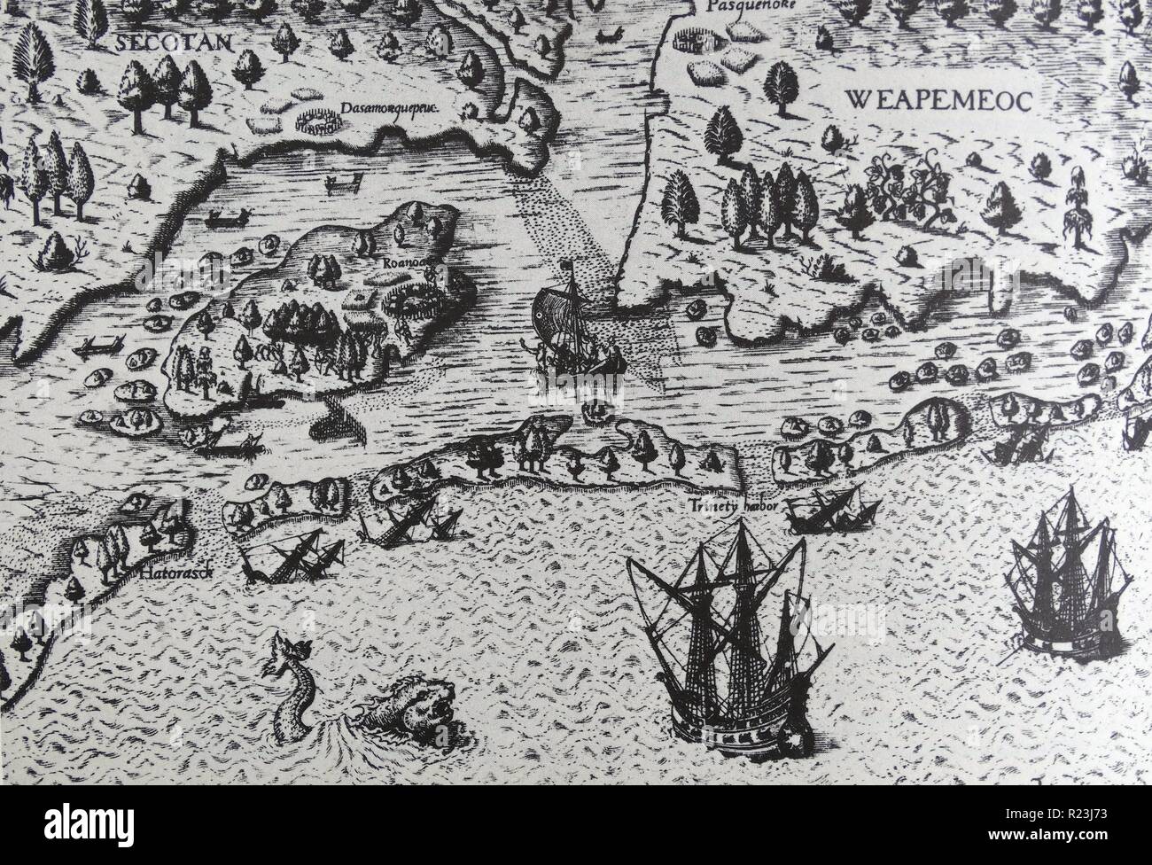 Die Ankunft von Sir Walter Raleigh (1552-1618), in Virginia, führt zu der Siedlung auf Roanoke Island unter John White (1540--93 Stockfoto