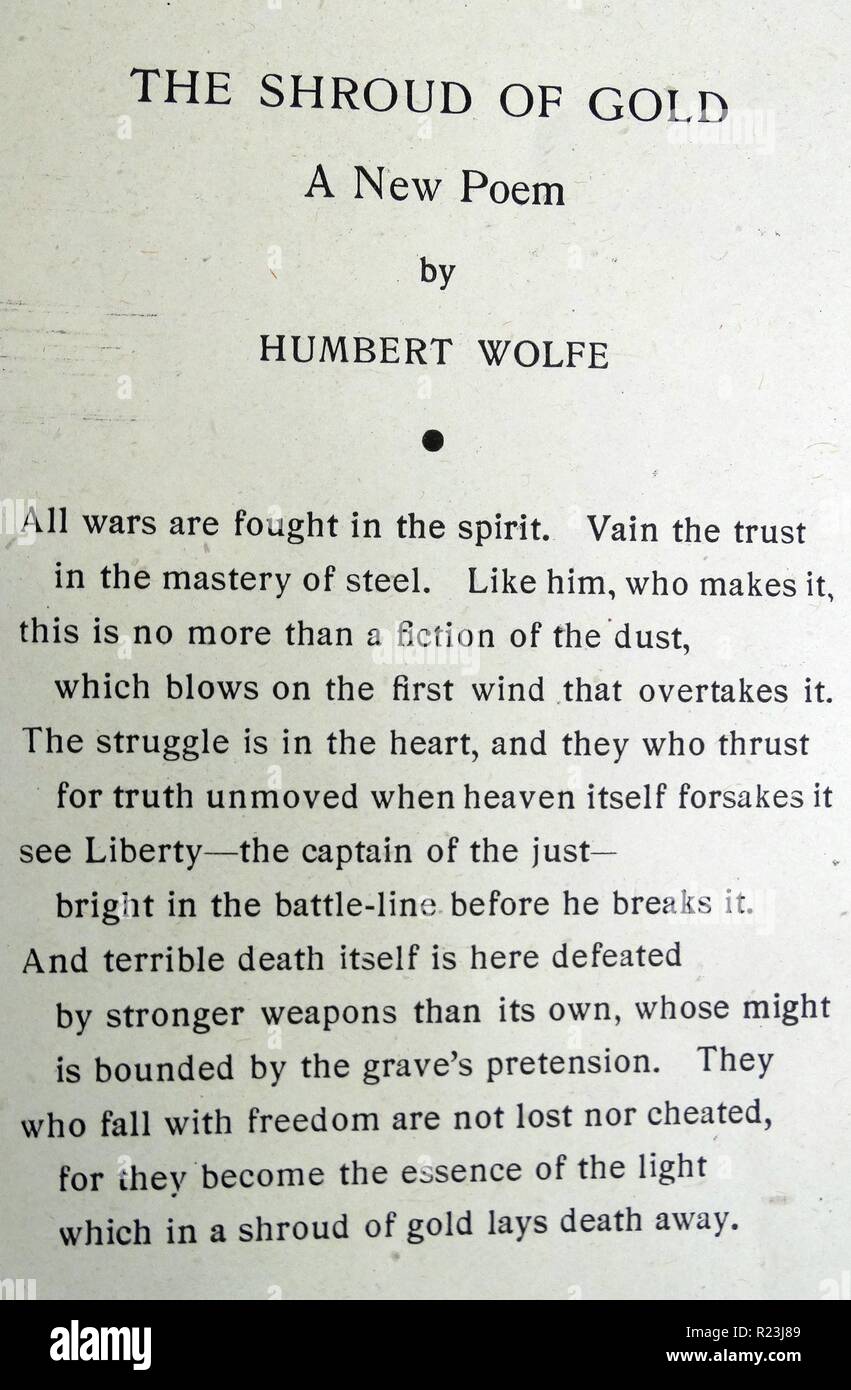 Kopie des Gedichts mit dem Titel "The Shroud of Gold" von Humbert Wolfe (1885-1940) eines italienischer britischen Dichters, Schriftsteller und Beamter, während des zweiten Weltkriegs geschrieben. Datierte 1939 Stockfoto