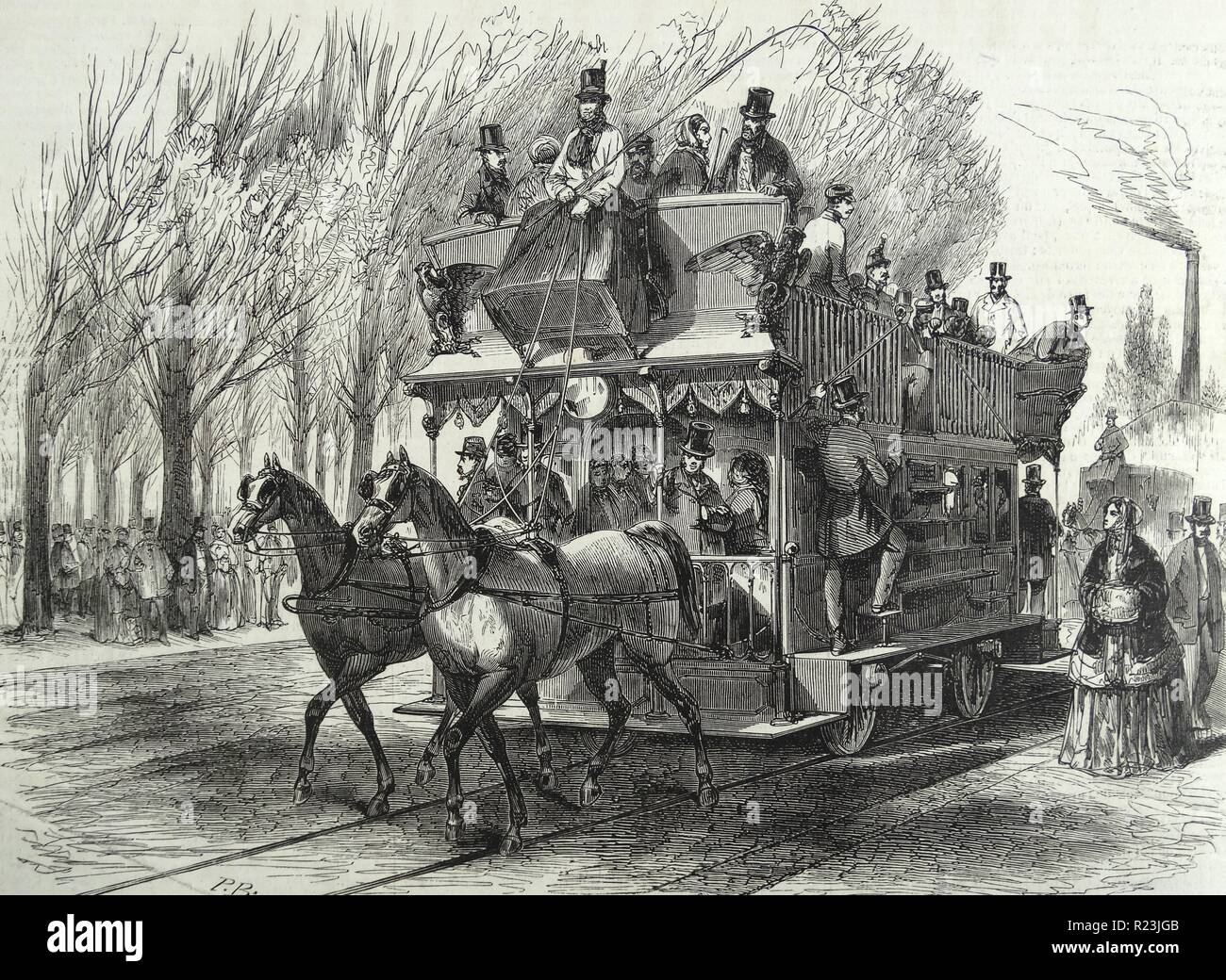 Holzschnitt mit der Eröffnung eines kleinen Pferden gezogenen Eisen-Busses in Cours-la-Ville, Frankreich. Datiert 1851 Stockfoto