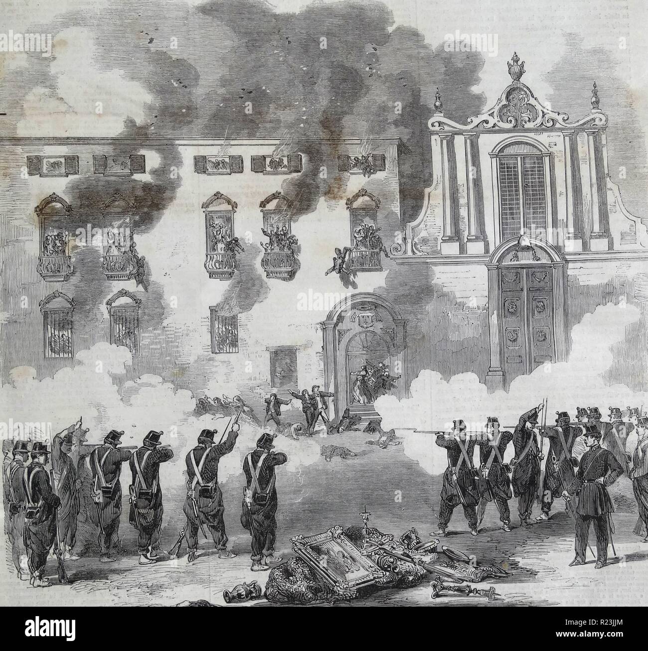Die Revolution in Sizilien, Italien Massaker an Menschen, die von den königlichen Truppen im Kloster der Weißen Benediktiner, Palermo. 1848 Stockfoto