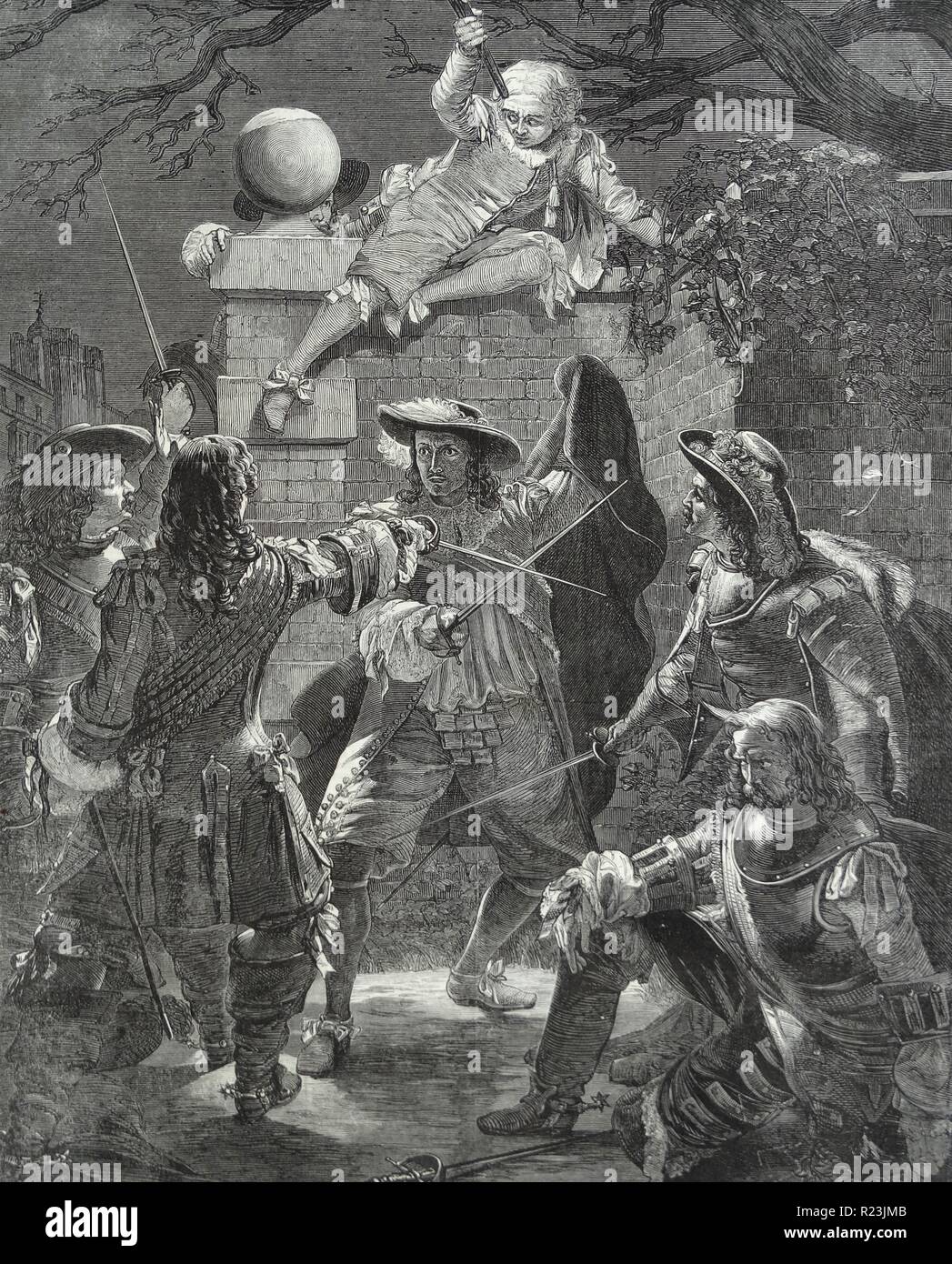 Die Empörung bei Sir John Coventry" (1636-1685) von T.H. Maguire. Sir John Coventry (C. 1636 - 1685) war ein englischer Politiker, der im Unterhaus zwischen 1667 und 1682 saß. Am 21. Dezember 1670, aufgrund eines Scherzes von Coventry im Unterhaus anlässlich des Königs amours, Sir Thomas Sandys, ein Offizier der Garde, mit anderen Komplizen, Waylaid ihm, als er wieder zu Hause war nach Suffolk Street und Schlitz seine Nase bis auf die Knochen. Die empörung erstellt eine außergewöhnliche Empfindung im Parlament Stockfoto