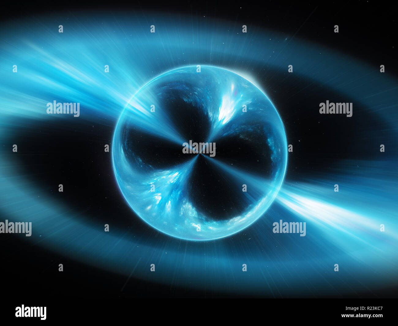 Blau leuchtende supermassive mysterios Objekt im Raum Gamma ray Burst, computer-generierte Zusammenfassung Hintergrund, 3D-Rendering Stockfoto