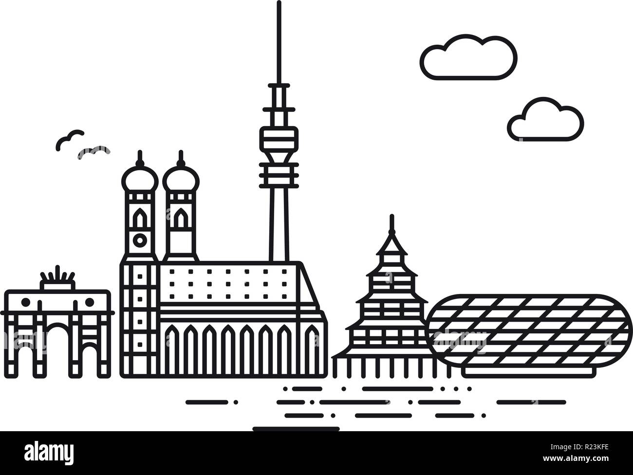 Symbol Leitung stil München Stadtbild und Wahrzeichen Vector Illustration Stock Vektor