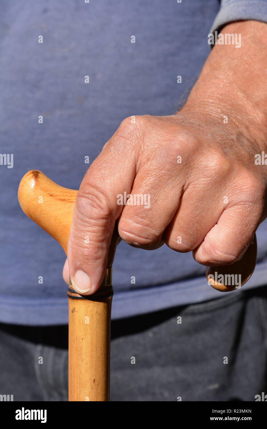 Die Hand des älteren Mannes auf einem Spazierstock, close-up Stockfoto