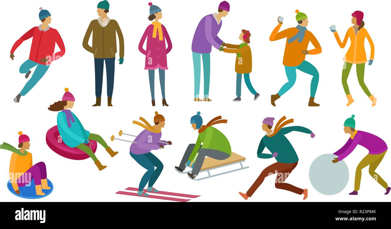 Eingestellt von Menschen. Winter aktivitäten winter Konzept. Cartoon Vector Illustration Stock Vektor
