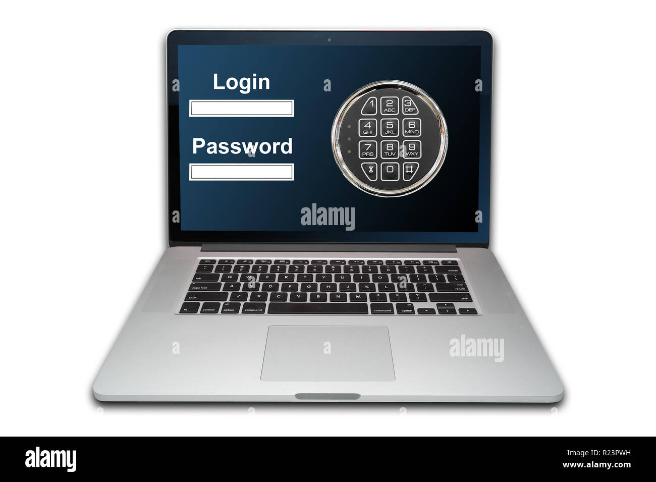Cloud Computing Internet Security Konzept Laptop mit Zahlenschloss auf weißem Hintergrund Stockfoto