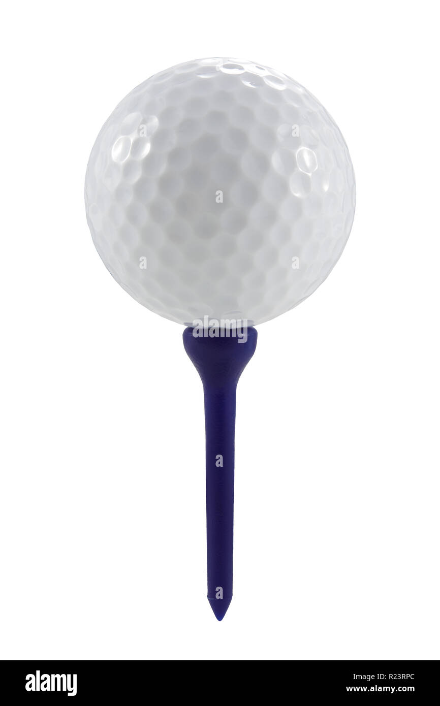 Golfball auf blauen T-Stück mit Freistellungspfad Stockfoto