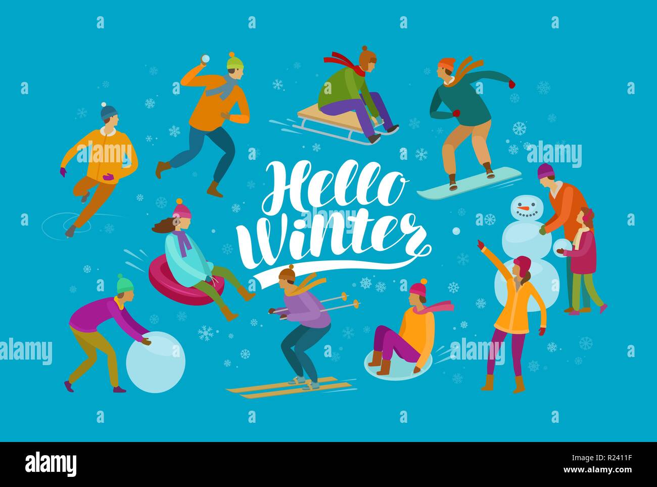 Hallo Winter, Banner. Winter Spaß und Aktivitäten Konzept. Vector Illustration Stock Vektor