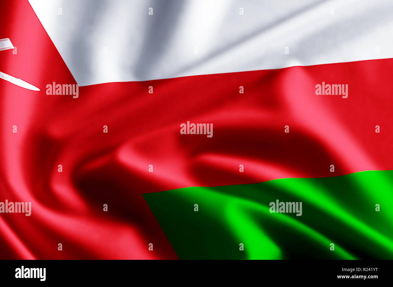 Oman 3D winken und closeup flag Abbildung mit Reflexionen. Verwendbar für Hintergrund und Textur. Stockfoto