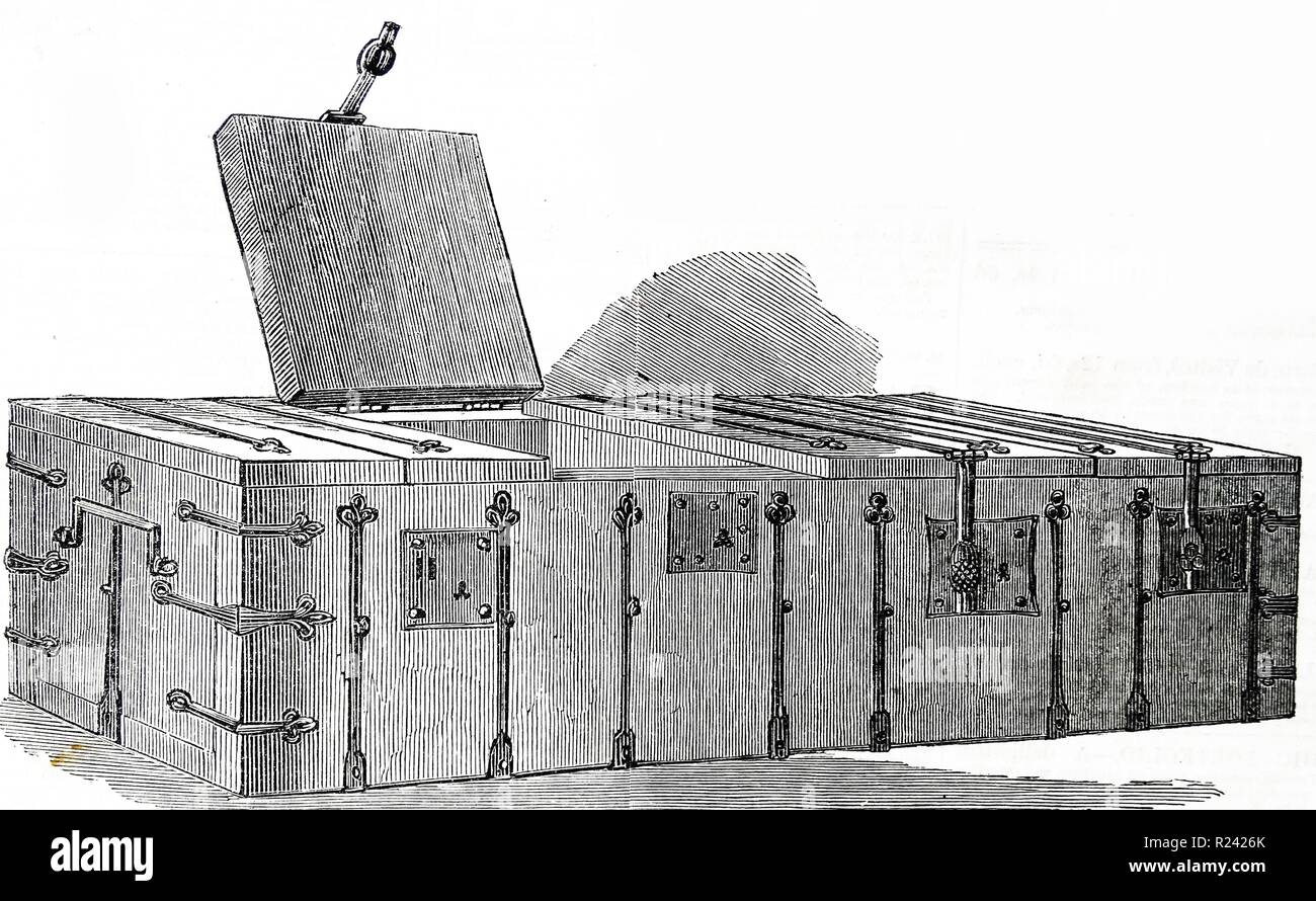 Gravur einer alten "Cist', eines steinernen Sarg-ähnliche Kästchen oder Beinhaus verwendet, um die Körper der Toten zu halten. Gefunden Sie in der Westminster Abbey. Vom 1860 Stockfoto