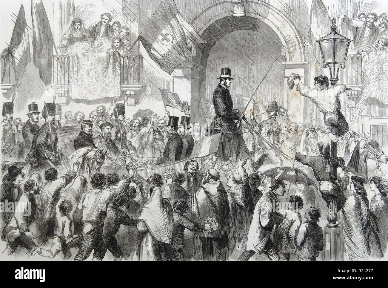 Gravur mit dem Eingang von Victor Emmanuel II (1820-1878) König von Italien in Neapel. Vom 1860 Stockfoto