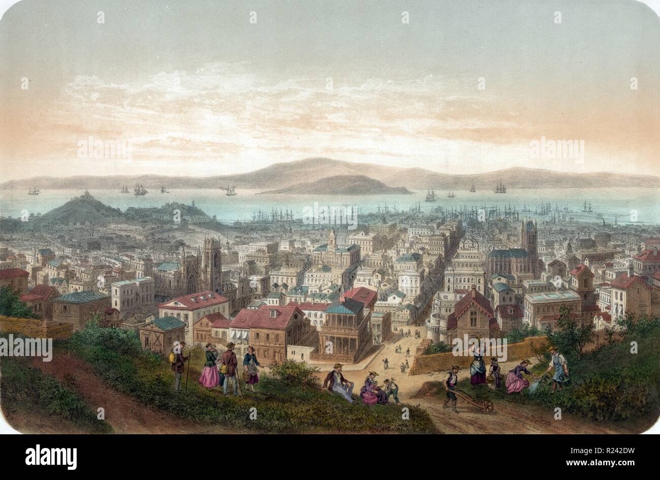 Bild mit dem Titel "Vue de San Francisco Vista de San-Francisco" mit Blick auf San Francisco, mit Menschen auf einem Hügel im Vordergrund. Erstellt von Laurent Isador Deroy (1797-1886). Vom 1860 Stockfoto
