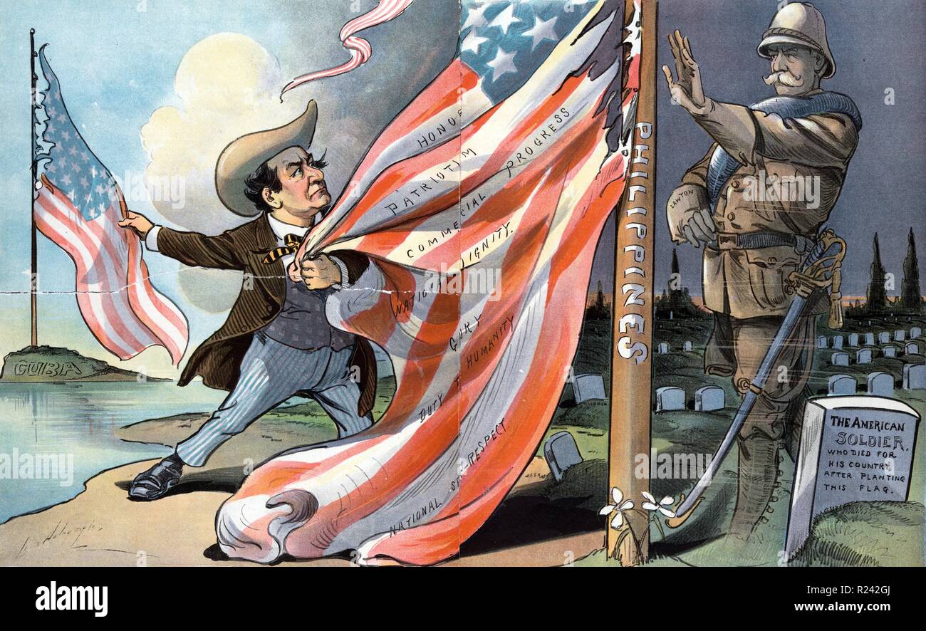 Drucken Sie mit dem Titel "Halt" Darstellung von William Jennings Bryan versucht, amerikanische Flaggen in Kuba und die Philippinen abzureißen. Der Geist von General Henry Ware Lawton schreit "Halt!". Erstellt von Louis Dalrymple (1866-1905). Datiert 1900 Stockfoto