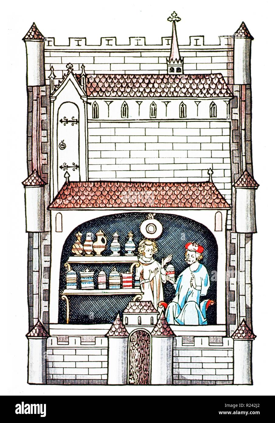 mittelalterlichen Holzschnitt eines Apothekers. Das erste Arzneibuch wurde 1542 in Nürnberg veröffentlicht. Stockfoto