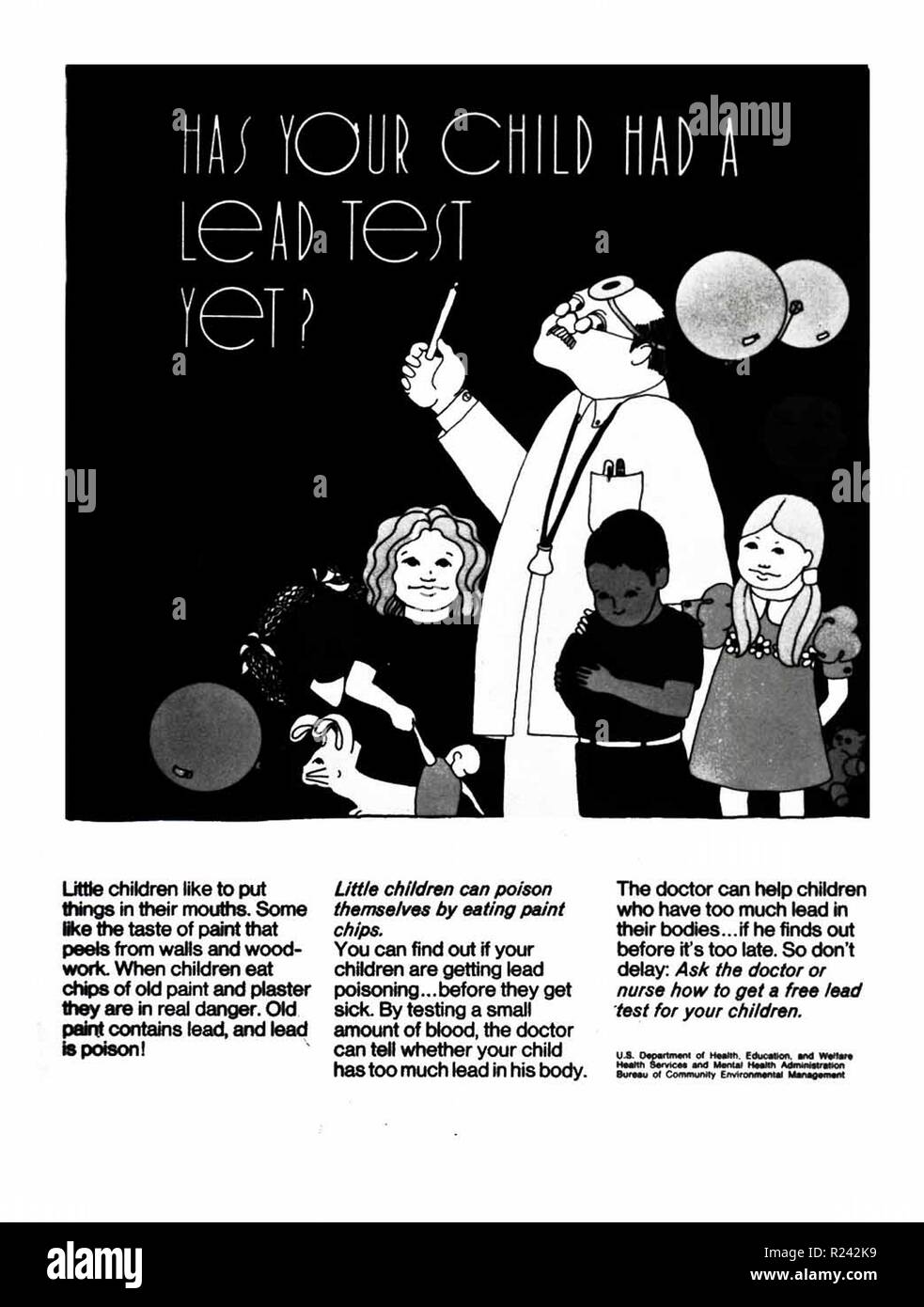 Hat Ihr Kind noch einen Blei-Test? 1970 amerikanische öffentliche Gesundheit Plakat zur Sensibilisierung für Bleibelastung Stockfoto